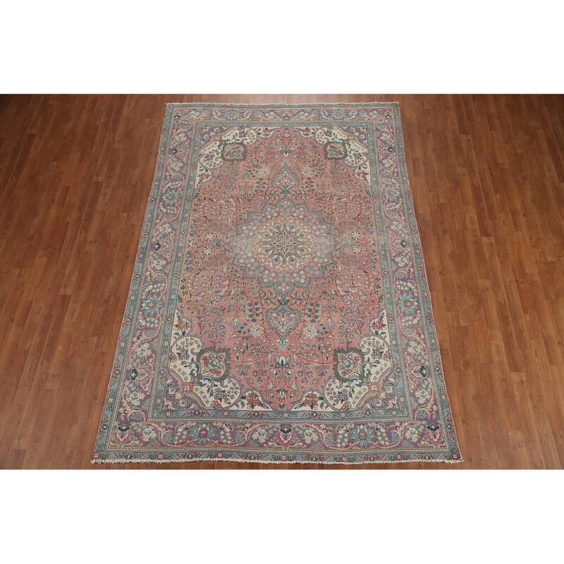 Hand Knotted Oriental 100% Wool Carpet Traditional Floral Pink Tabriz Area Rug - 9' 6'' X 6' 8''