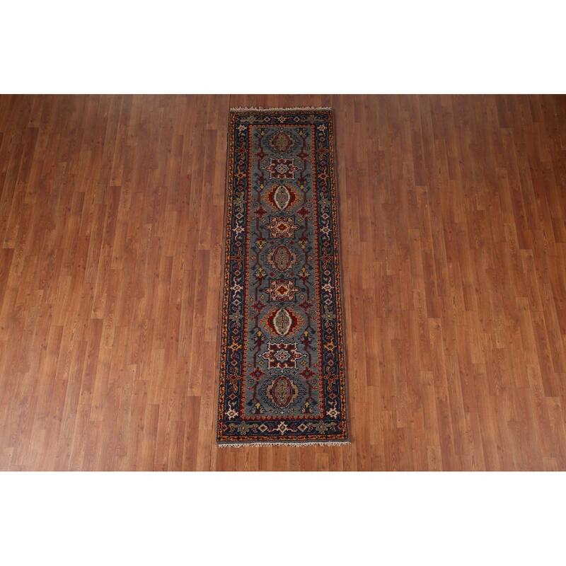 Blue Geometric Khotan Oriental Runner Rug Handmade Wool Carpet - 2'7"x 8'1"