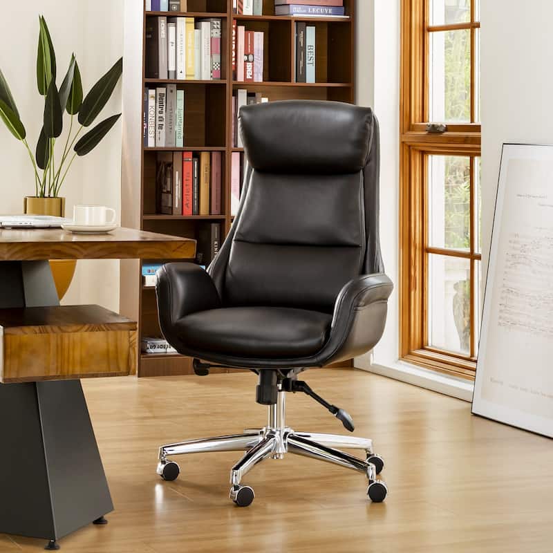 Glitzhome 48-inch Mid-century Adjustable Swivel Faux Leather Office Chair - Black