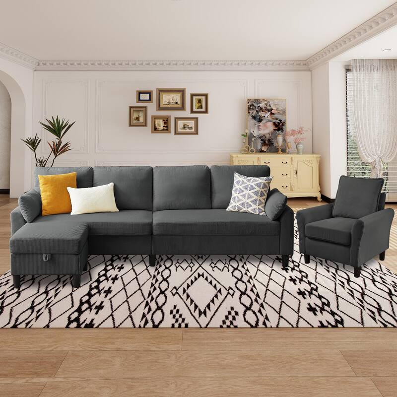 101"Corduroy 3 Piece Living Room Set Including 4 Seater Sofa ,Storage Ottoman and Chair - Dark Grey