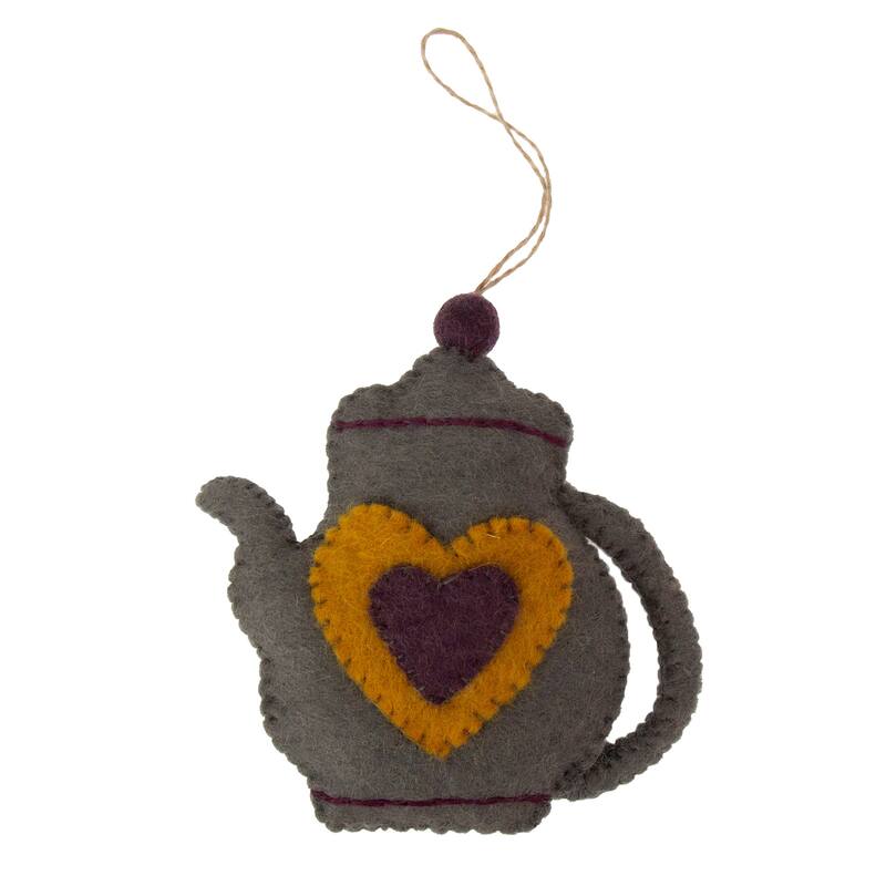 Handmade Felt Coffee Pot & Coffee Mug Ornament Set, Stone Grey