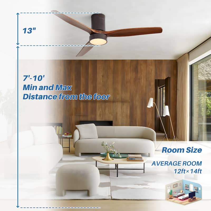 52" Flush Mount Wood Ceiling Fan with Dimmable LED Light and Remote Control