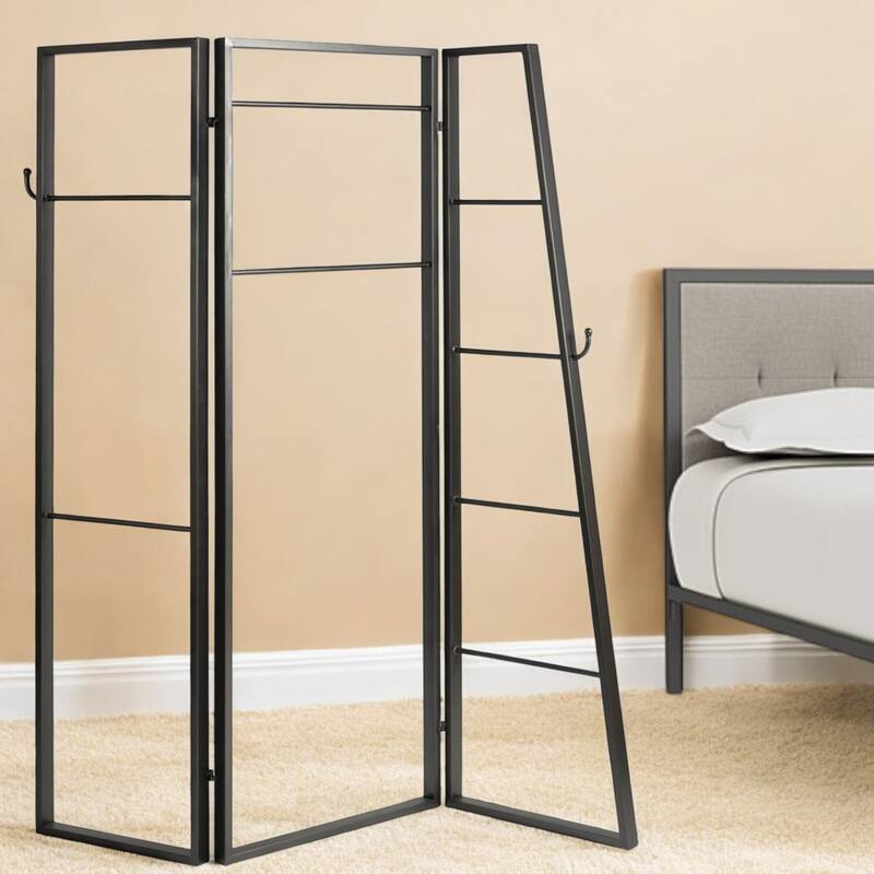 HomeRoots 72" Gray Iron Folding Three Panel Screen Room Divider - 65' X '72' X '1 - 65' X '72' X '1