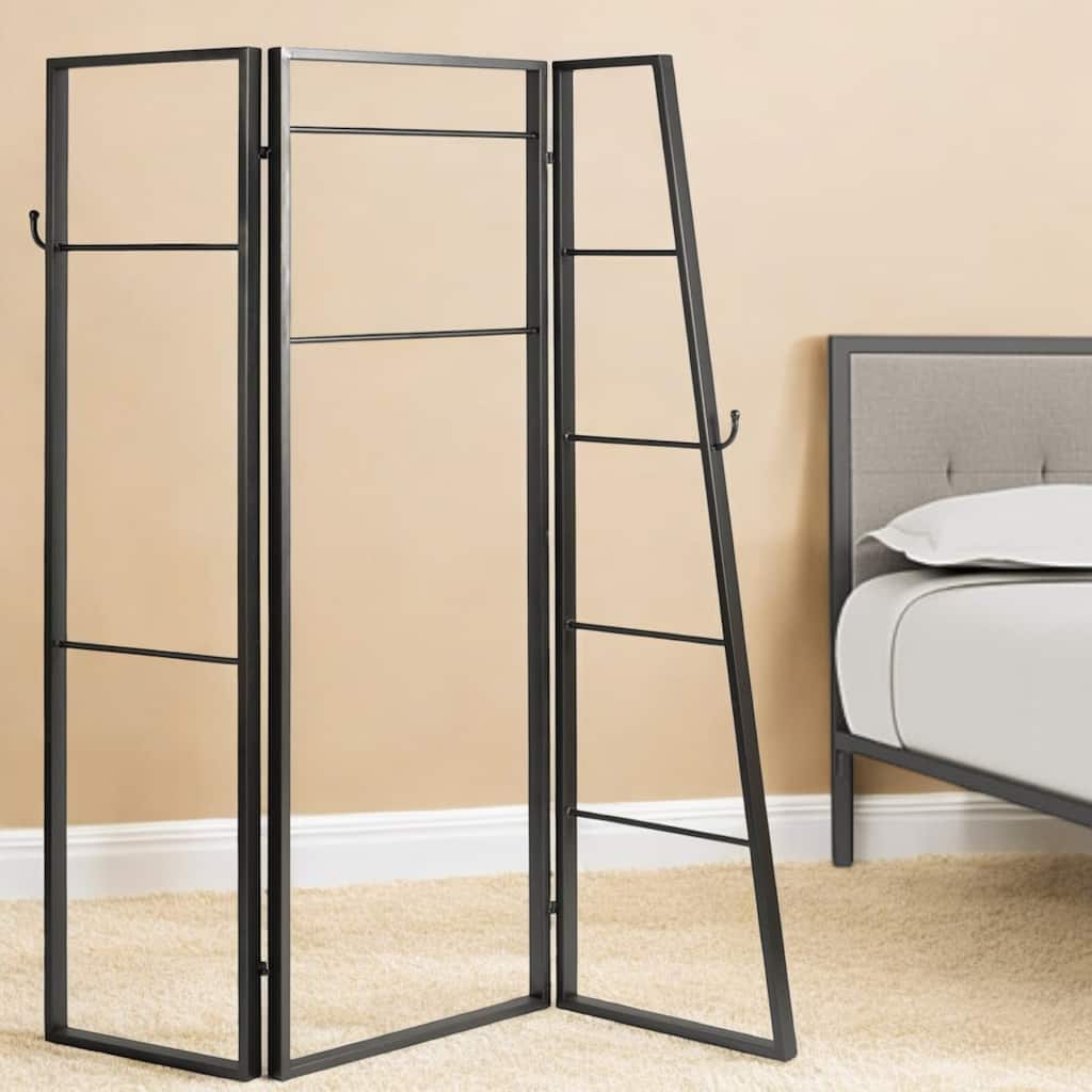 HomeRoots 72" Gray Iron Folding Three Panel Screen Room Divider - 65' X '72' X '1
