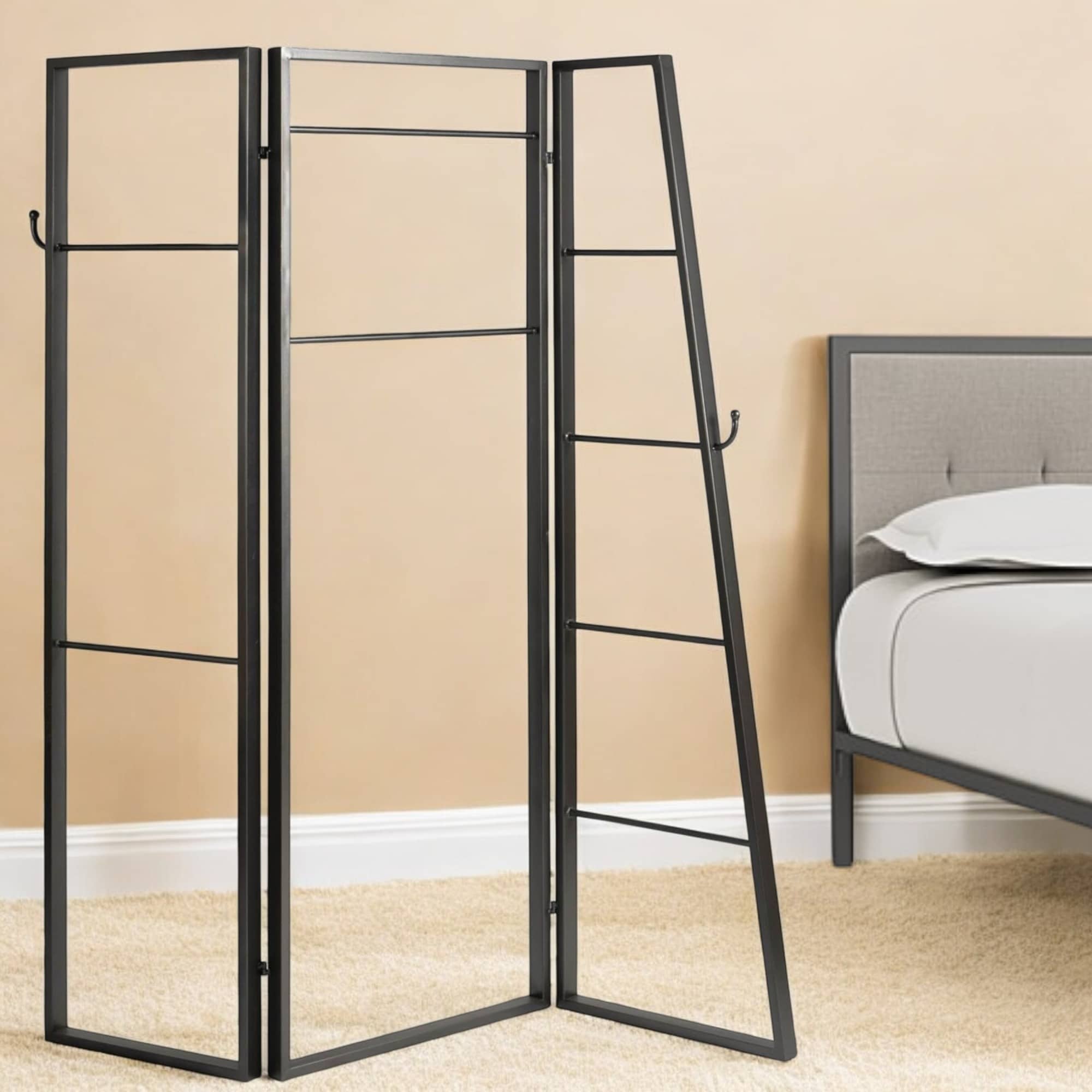 HomeRoots 72" Gray Iron Folding Three Panel Screen Room Divider - 65' X '72' X '1