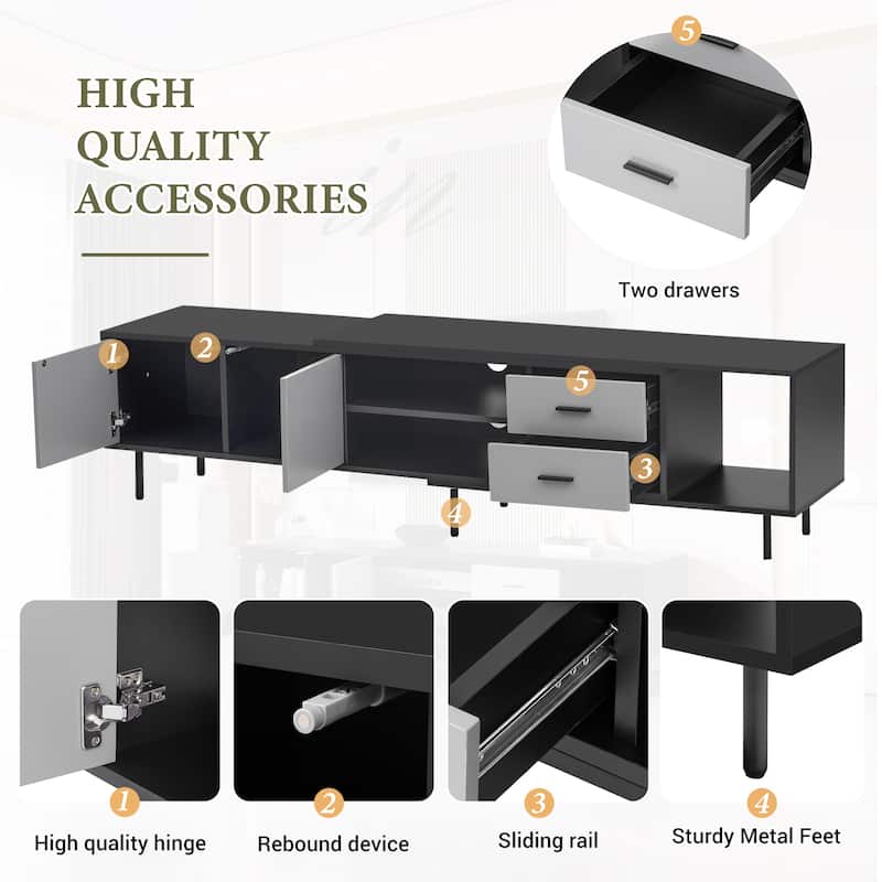 Black+Grey 70.8" TV Stand with 2 Doors and Large Storage Cabinet for TVs Up to 80"