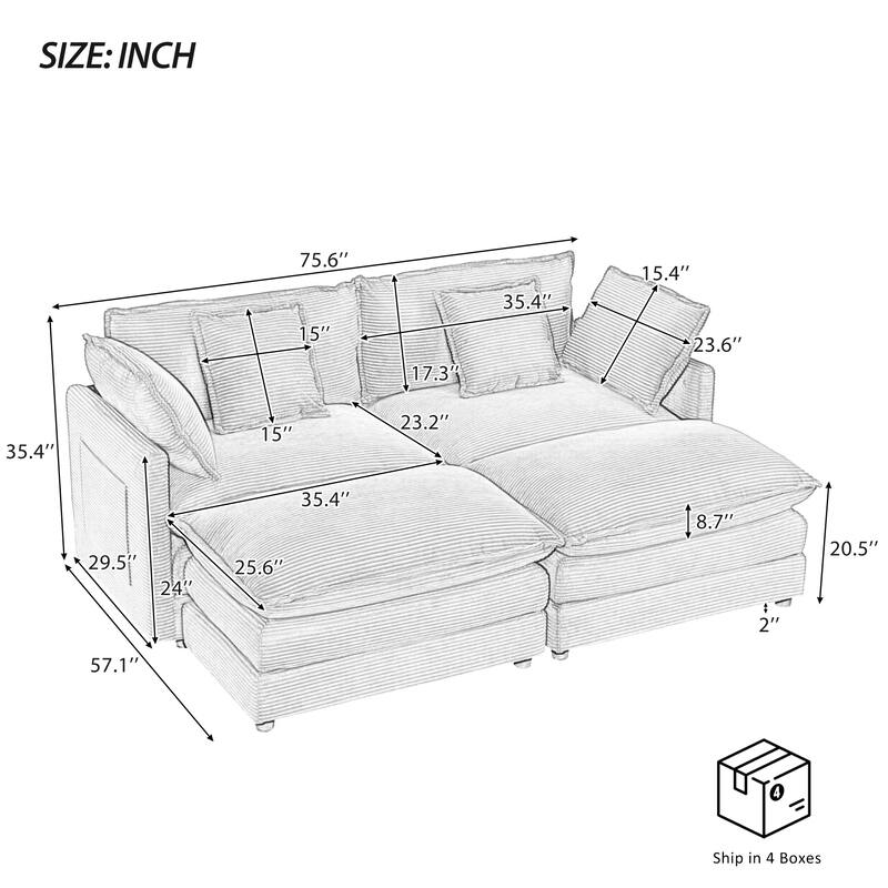 Corduroy Loveseat Set with Movable Ottoman 4 Seater Corner Sofa, Upholstered Deep-seat Couch wCushions and 4 Pillows