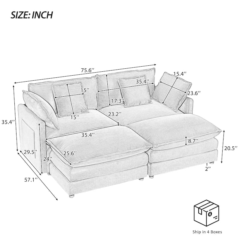 Roomfitters Modern Corduroy L-Shape Sectional Sofa with Side Storage Pockets for Living Room Comfort and Style
