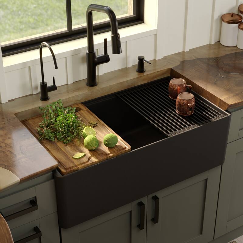 Karran 33" Single Bowl Workstation Fireclay Kitchen Sink with Reversible Diamond/Flat Apron Front