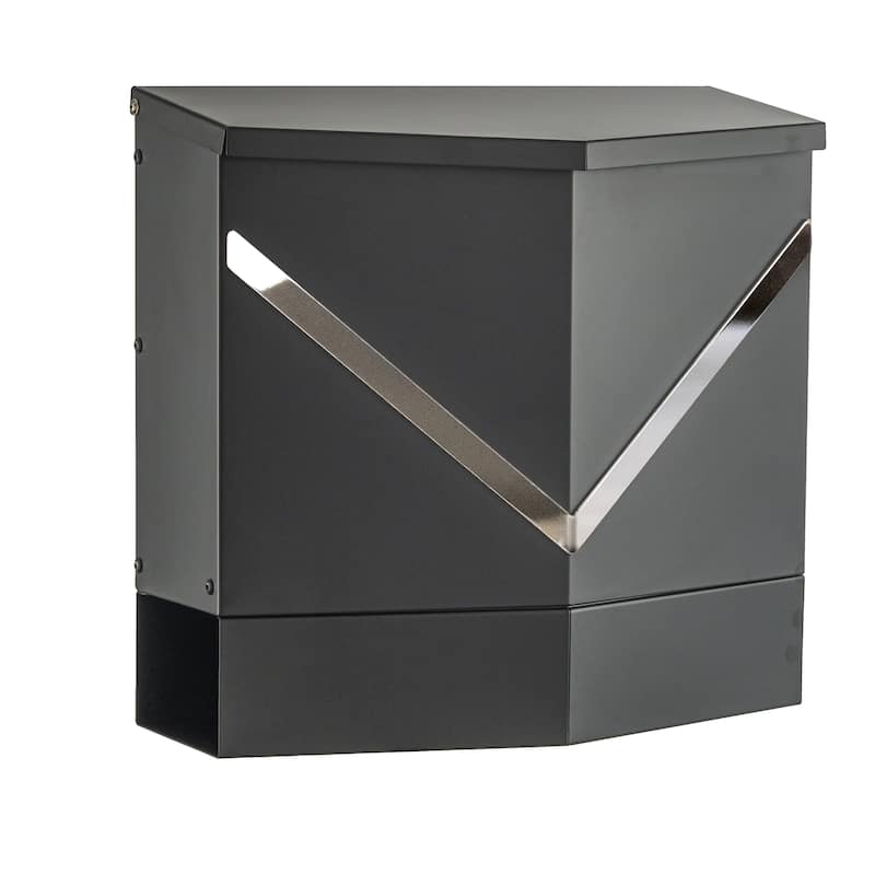 Modern Outdoor Black Metal Secure Locking Wall-Mount Mailbox With Stainless Steel V-Shape Futuristic Design For Home or Office - Black