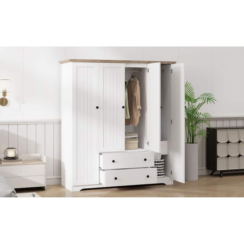 4 Door Wardrobe Armoire Closet With 2 Drawers,Combining Hanging Space, Drawers And Storage