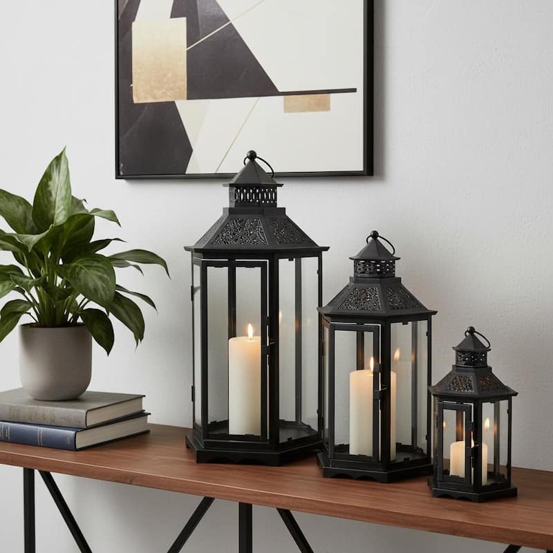 Set of Three Clear And Black Glass And Metal Floor Lantern Candle Holders - Clear/Black