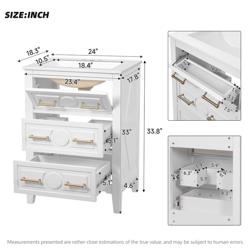 24'' Bathroom Vanity with Ceramic Sink Combo, Freestanding Single Vanity Set with 3 Drawers, Solid Wood Frame
