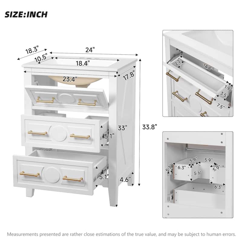 Roomfitters 24 Inch Bathroom Vanity with Ceramic Sink Combo, Free Standing Solid Wood Frame Cabinet with 3 Sliding Tiers
