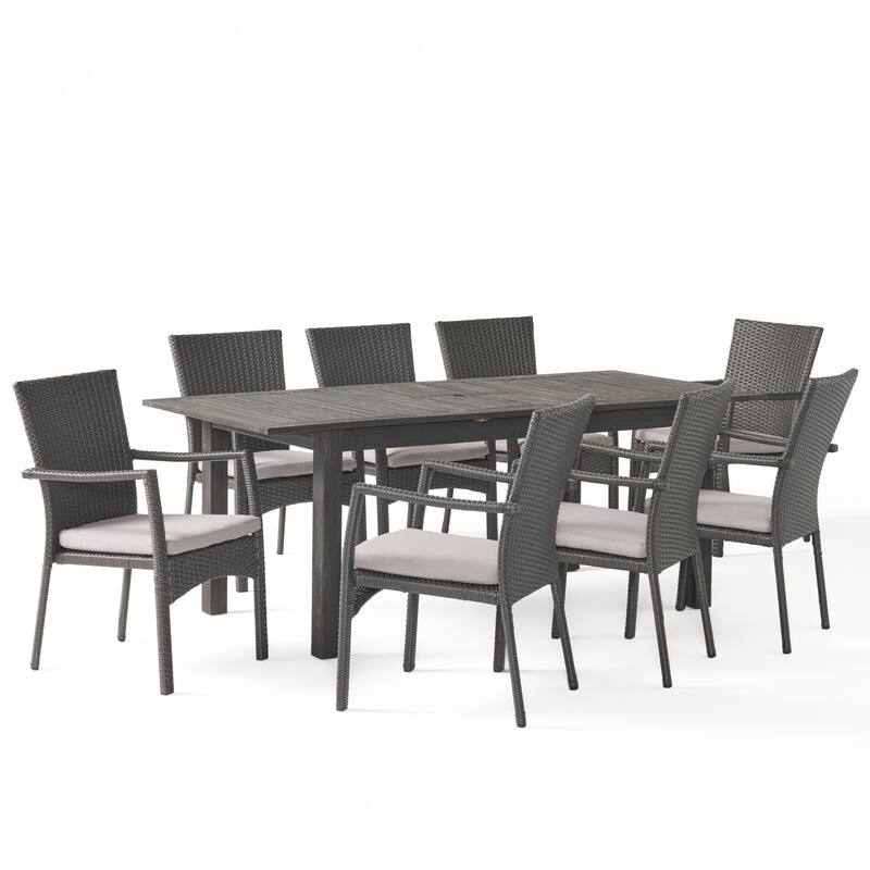 Davenport Outdoor 9 Piece Wood and Wicker Expandable Dining Set by Christopher Knight Home