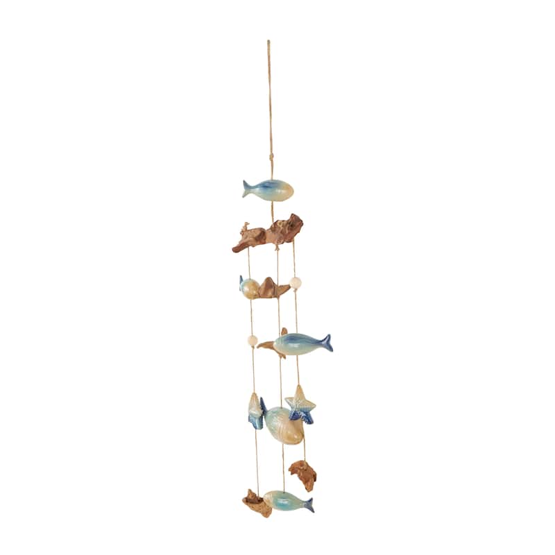 Blue Ceramic Ombre Fish Windchime with Driftwood and Hanging Starfish Accents