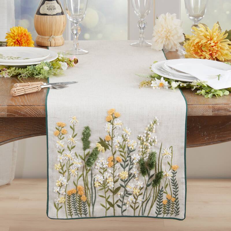 Embroidered Linen Blend Table Runner - Floral Lined Decorative Table Runner for Dining Tables, 16"x72"