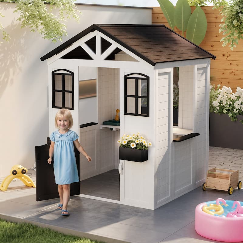 Wooden Adventure Cottage Playhouse for Kids with Working Door, Windows, Service Station, and Flower Pot Holders