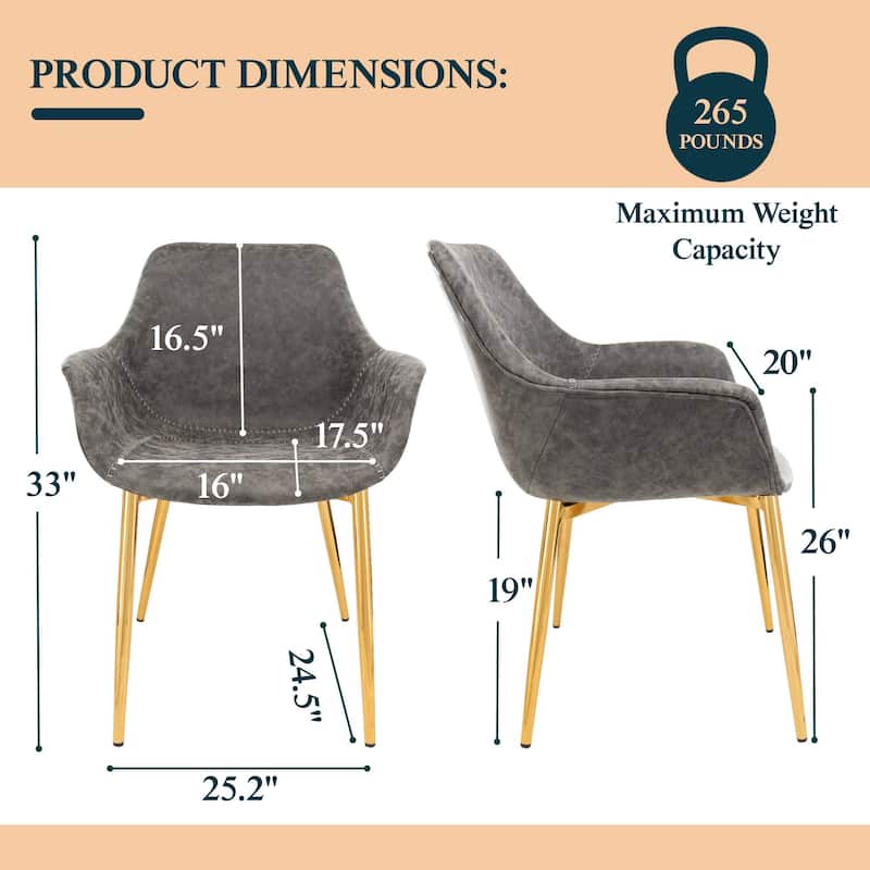 Markley Modern Leather Dining Armchair Set of 2 With Gold Metal Legs Accent Side Chair