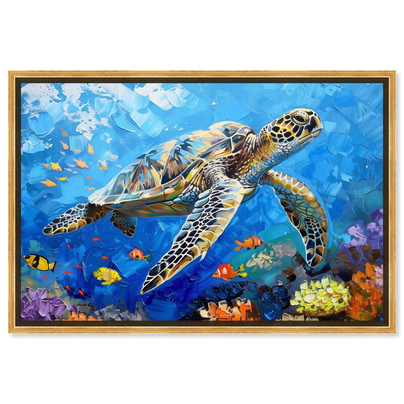 Art Remedy Turtle Swimming Framed Colorful Coastal 1 Piece Canvas Wall Art - 55 x 37 - Gold