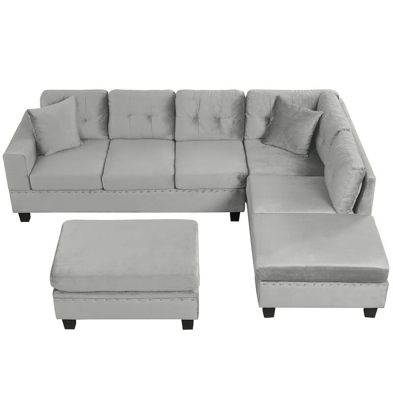 105.1" Velvet L-Shaped Sectional Sofa with Ottoman & Cup Holders