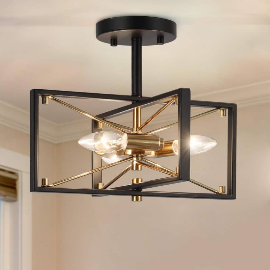 Leno Modern Black Gold 3-Light Geometric Chandelier Semi-Flush Mount Ceiling Light Fixture