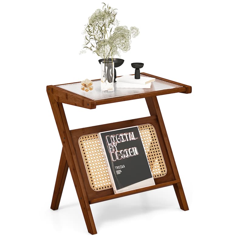 Gymax 2 Pieces Boho End Table with Magazine Rack Versatile Bamboo