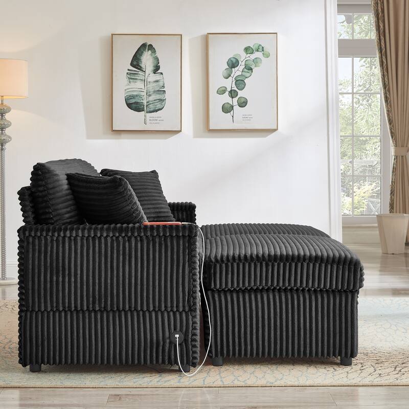 Modular Chaise Sleeper Sofa Bed, Corduroy Loveseat Couch & Storage Ottomans Set with Folding Table Boards and USB Ports