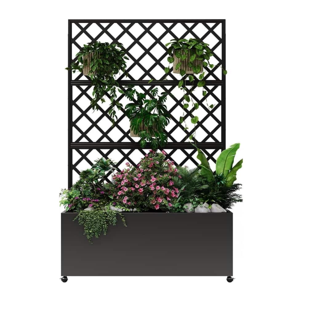 70x35x15Inch Large Elevated Galvanized Steel Garden Bed with Trellis and Privacy Screen Outdoor Planter Box on Locking Wheels