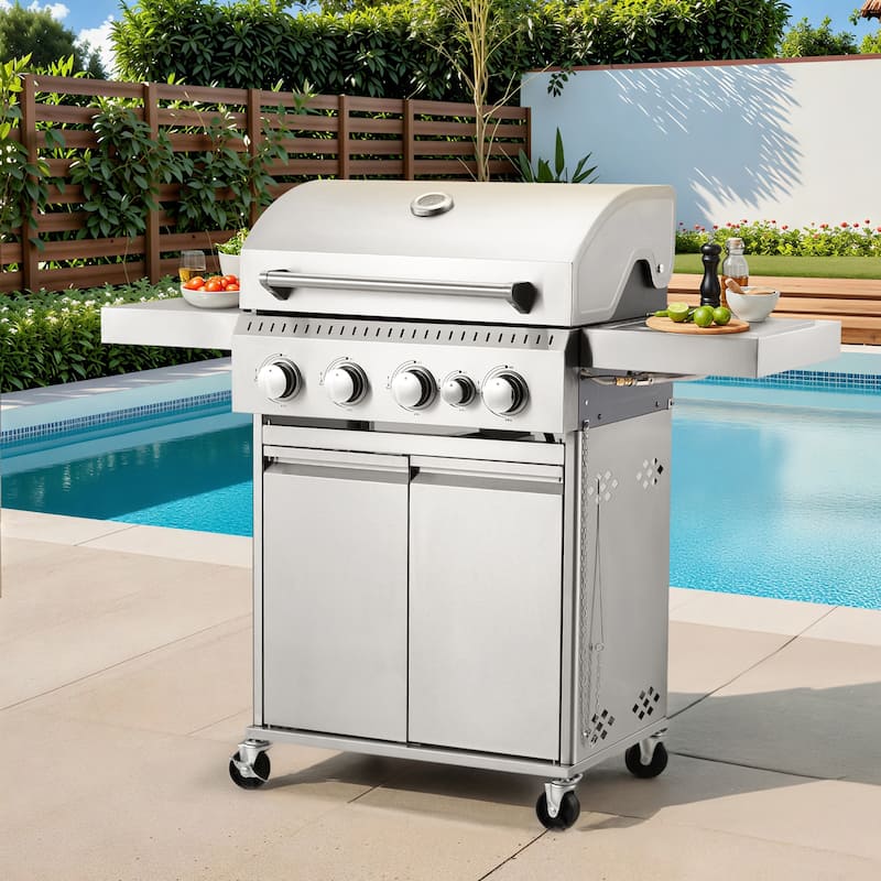 42,000 BTU 4-Burner Stainless Steel Gas Grill with Side Burner – Heavy-Duty Cast Iron Grates– Silver