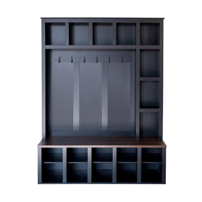 Farmhouse Wooden Style 4-in-1 Hall Tree with Storage Bench and Shoe Cubbies - 59" W × 15.7" D × 76.7" H