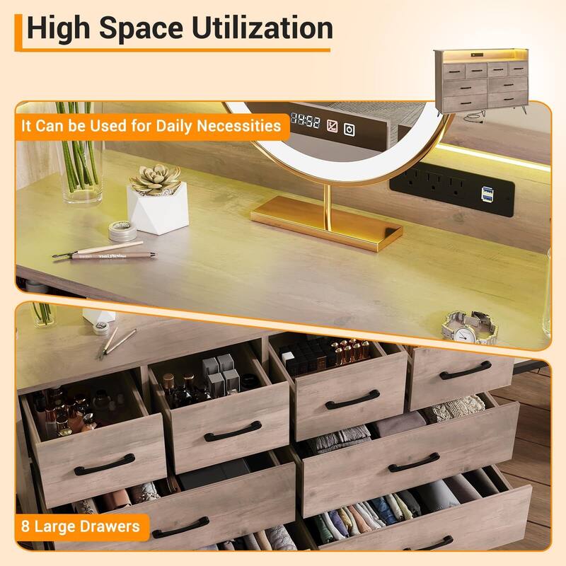 Tall Dresser for Bedroom with Charging Station & RGB Lights - 8 Drawer Wooden