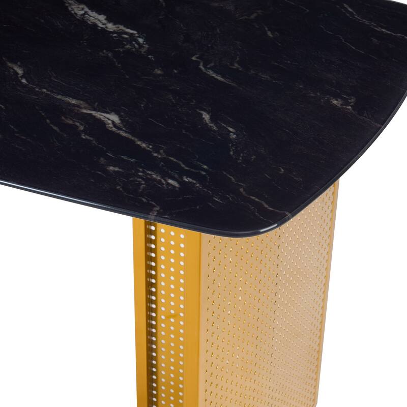 Rectangular Tempered Glass Dining Table for 6, Featuring a Marble-Patterned Design with Golden Hollow-Out Metal Legs