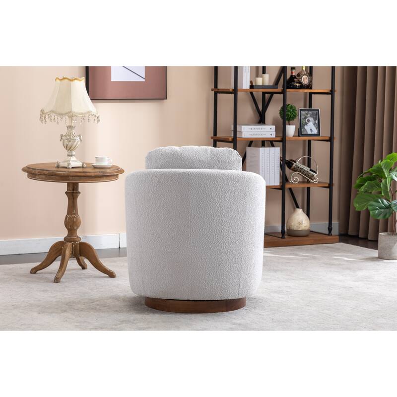 Boucle Fabric Swivel Accent Chair With Soild Wood Round Brown Base Leg For Living Room