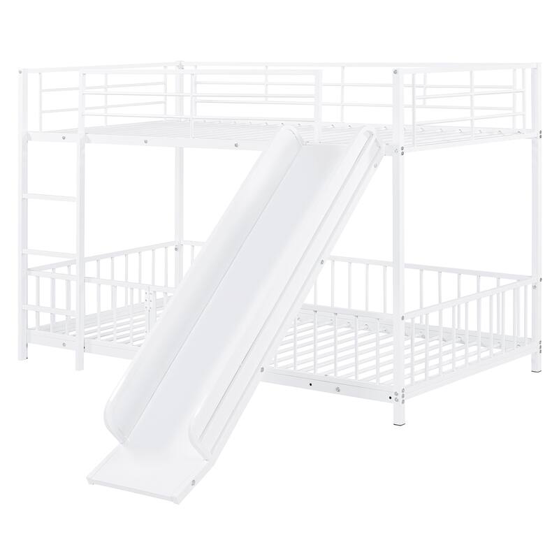 Twin over Twin Metal Bunk Bed with Slide, Guardrails & Convertible Loft Design - White