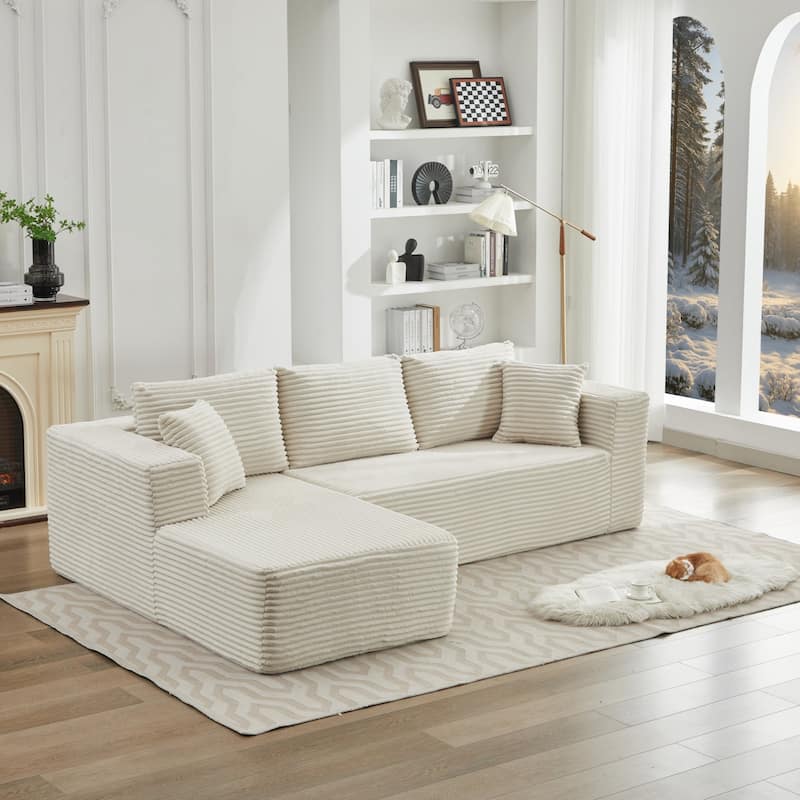 106" Corduroy Upholstery L-Shaped Cloud Modular Sectional Sofa with Chaise and Pillows, All-Foam Compression Design