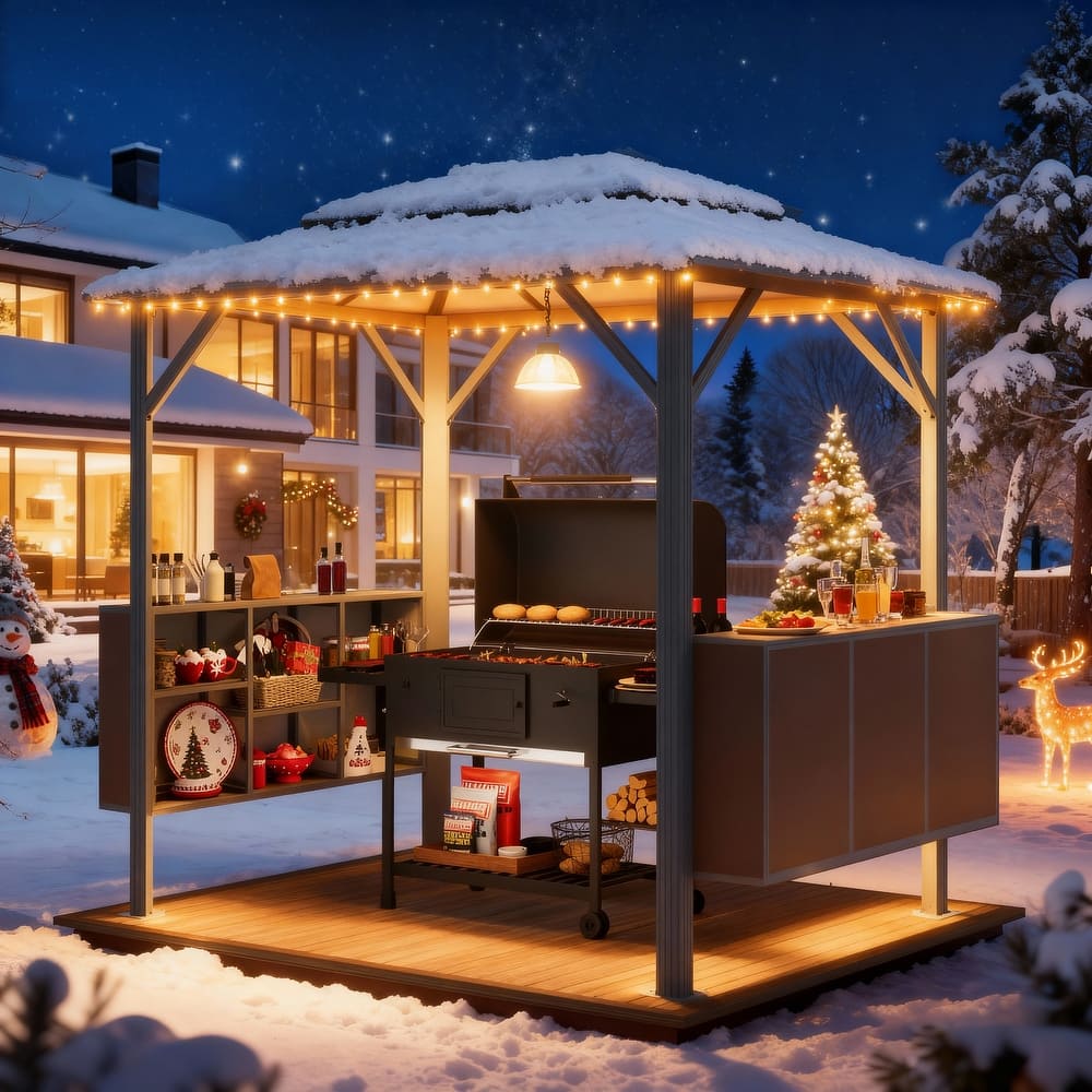Grill Gazebo with Bar & Shelves, Double Roof BBQ Canopy for Patio, Wind & Weather-Resistant Outdoor Grill Shelter Tent