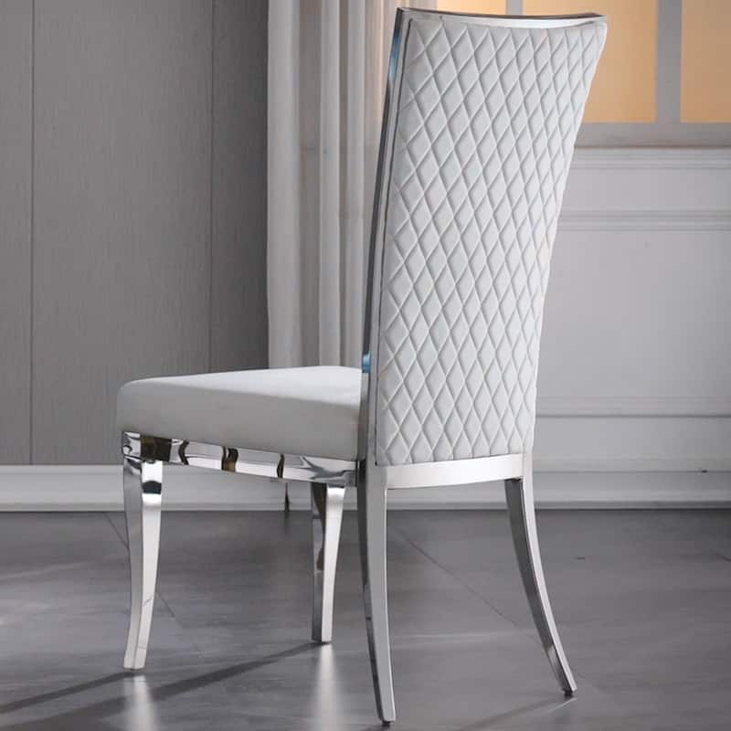 Upholstered dining chair with Hand-stitched diamond backrest and polished stainless steel legs