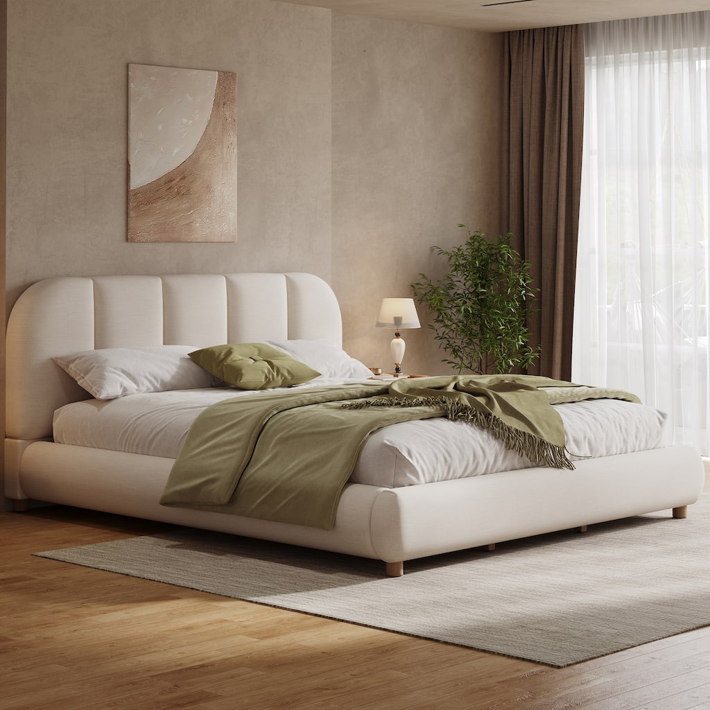 Christopher Knight Home - Modern Upholstered Linen Fabric Bed Frame with Wooden Leg - with Curved Headboard Design