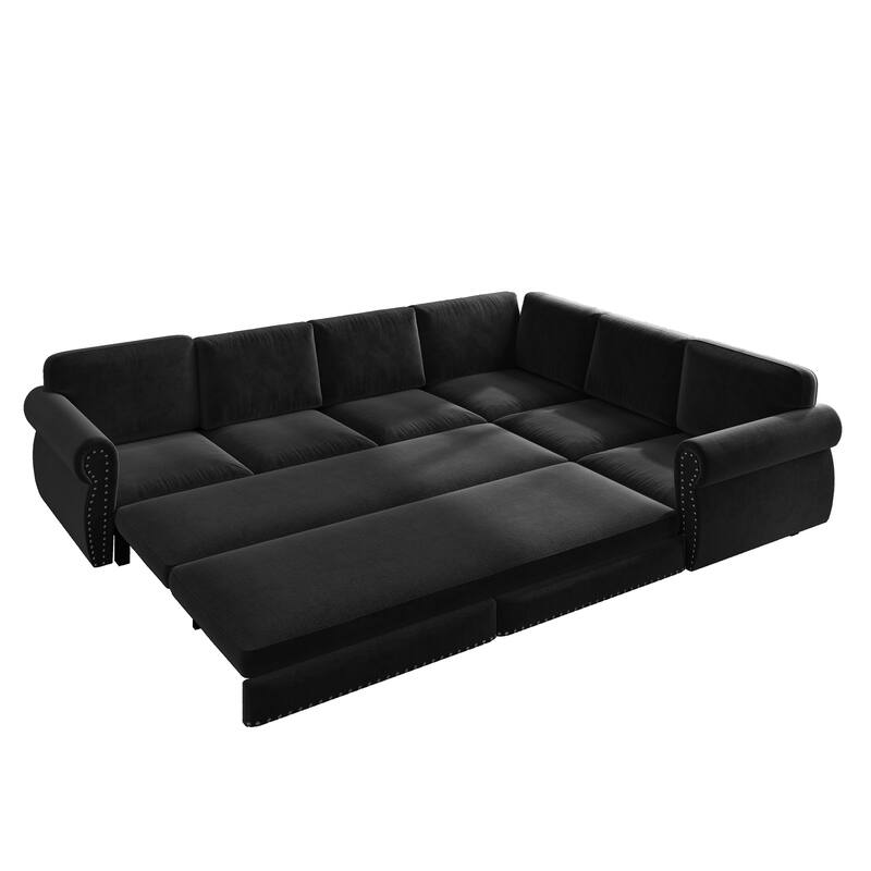 L-Shaped Sectional Sofa with Pull-Out Bed, Oversize Convertible Sleeper Sofa with Rolled Arms, Chenille Upholstery