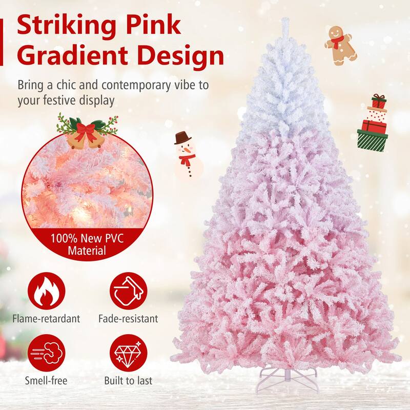 Gymax Artificial Christmas Tree Hinged Snow Flocked Xmas Tree w/ - Pink, White