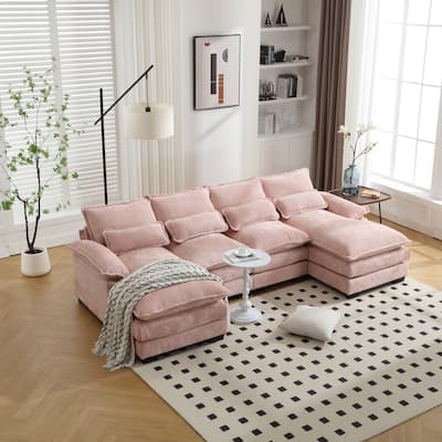 U-shaped Recliner Sofa Chenille Upholstered Chaise Sectional Sofa Symmetrical Reclining Couch with Double Thick Cushions