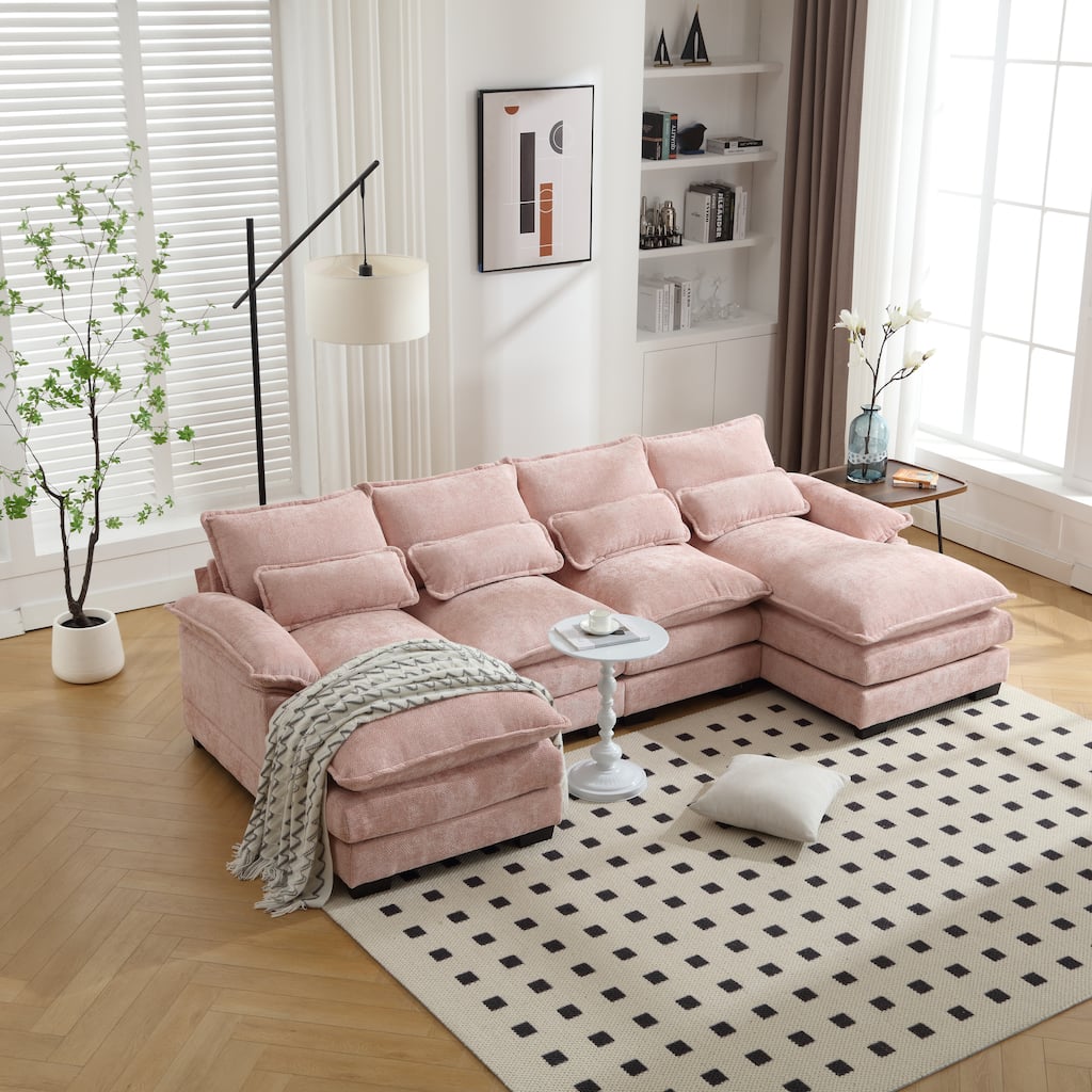 U-shaped Recliner Sofa Chenille Upholstered Chaise Sectional Sofa Symmetrical Reclining Couch with Double Thick Cushions