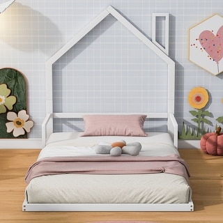 Twin Metal Floor Bed Slats Support Bed Frame with House-shaped Headboard, Simple Metal Bed Frame for Boys Girls Kids Toddler