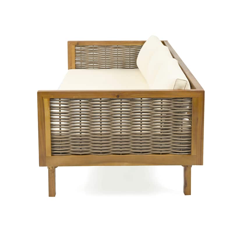 Roomfitters 3 Seater Wooden Patio Sofa, Wicker Panel Design, Modern Daybed with Weather-Resistant Cushions