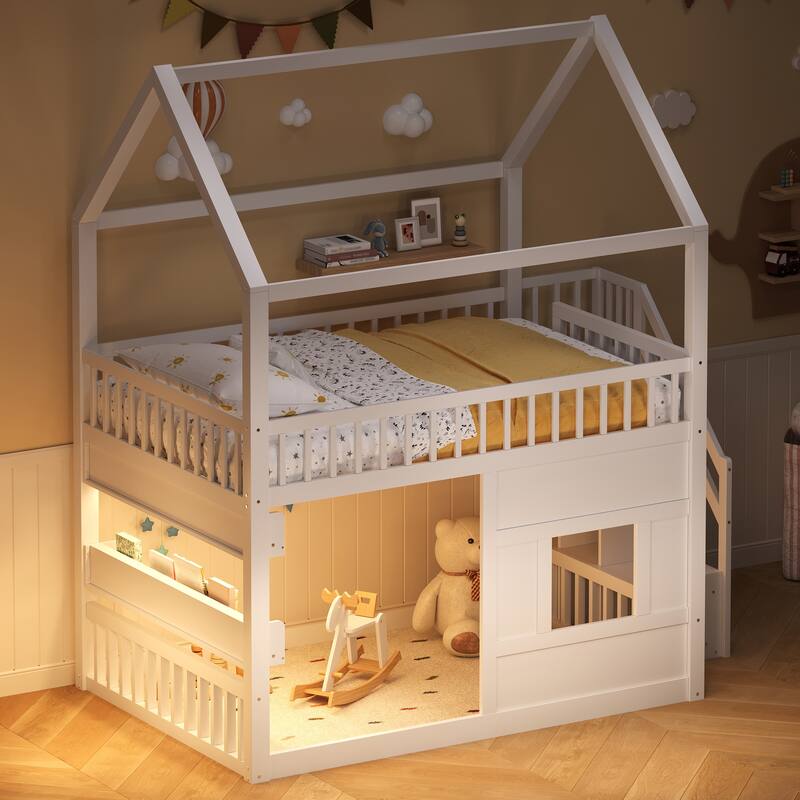 Full Size Wooden House Bed with Built-in LED Shelf Light, Fairytale Loft House-shaped Bed Frame for Children Kids Boys Girls - White - Full