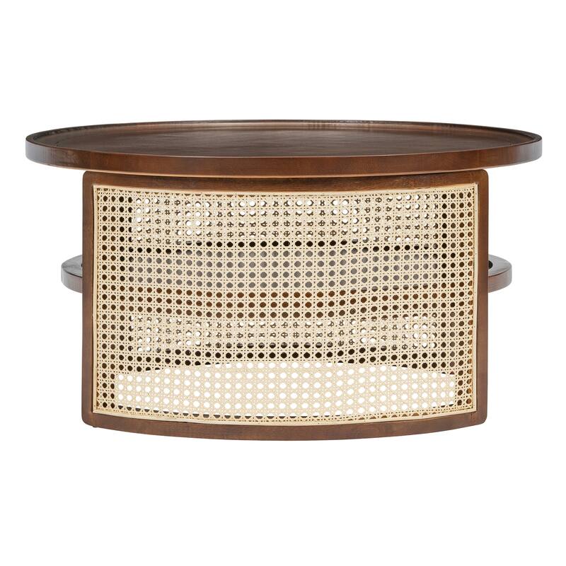 2-Tiered Round Coffee Table with Curved-Edge Top & Rattan Base, Boho Wood Center Table with Storage Shelf for Living Room
