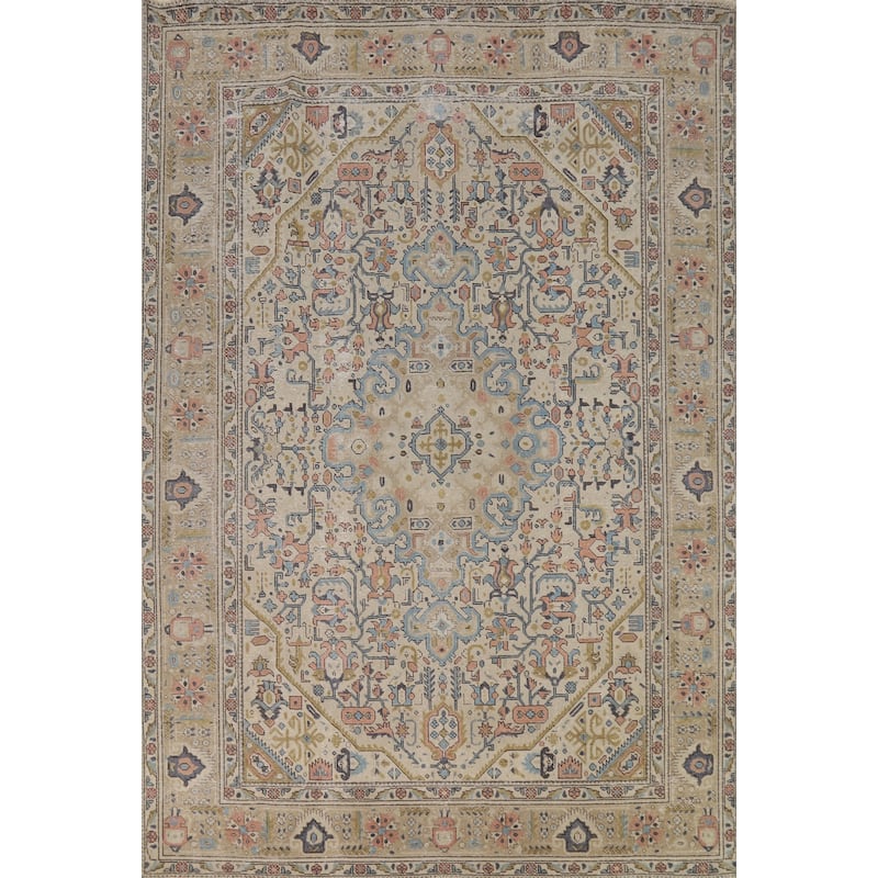 Geometric Tabriz Persian Area Rug Hand-Knotted Bedroom Wool Carpet - 6'7"x 9'5"