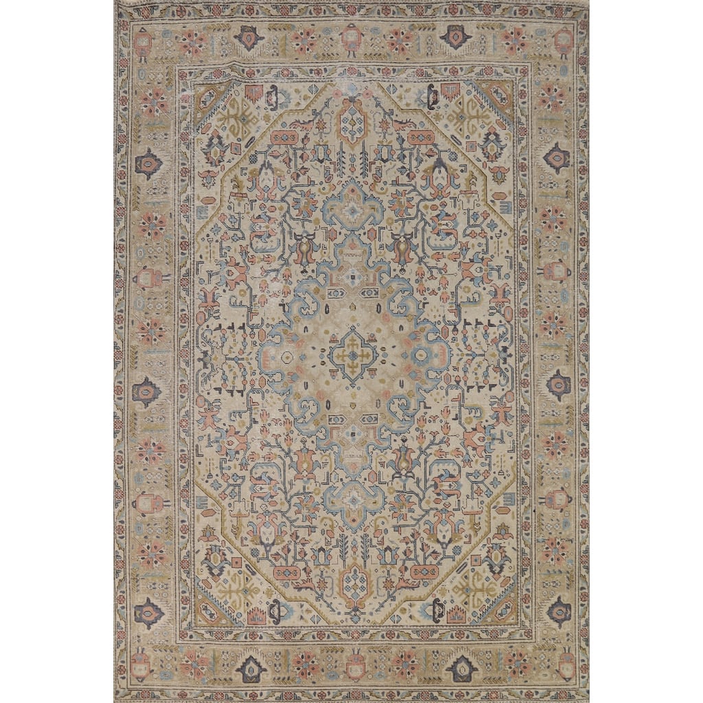Geometric Tabriz Persian Area Rug Hand-Knotted Bedroom Wool Carpet - 6'7"x 9'5"