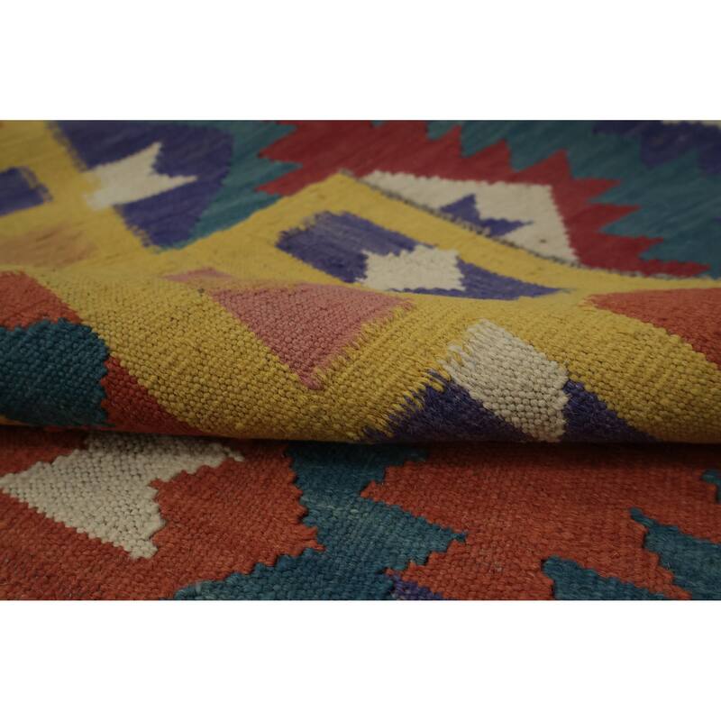 Hand Woven Oriental 100% Wool Carpet Southwestern Geometric Navy Blue & Blues Kilim Runner Rug - 12' 9'' X 3' 6''